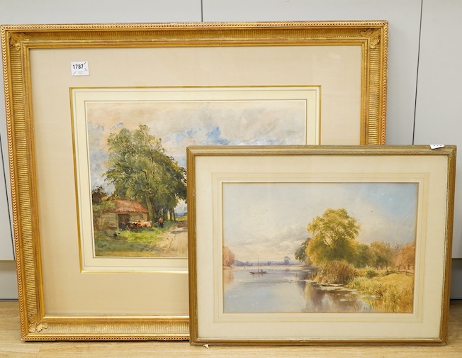Two 20th century watercolours, Rural landscape with cattle and riverscape, one indistinctly signed, largest 39 x 51cm